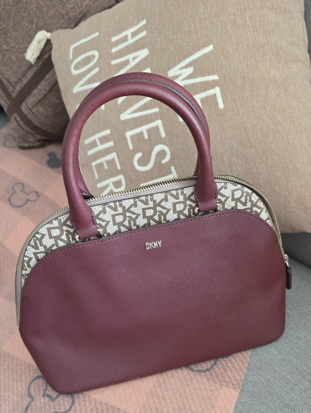 DKNY Burgundy and Beige Logo Dome Satchel